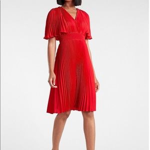 EXPRESS pleated v-neck midi smocked dress red butterfly sleeve size S